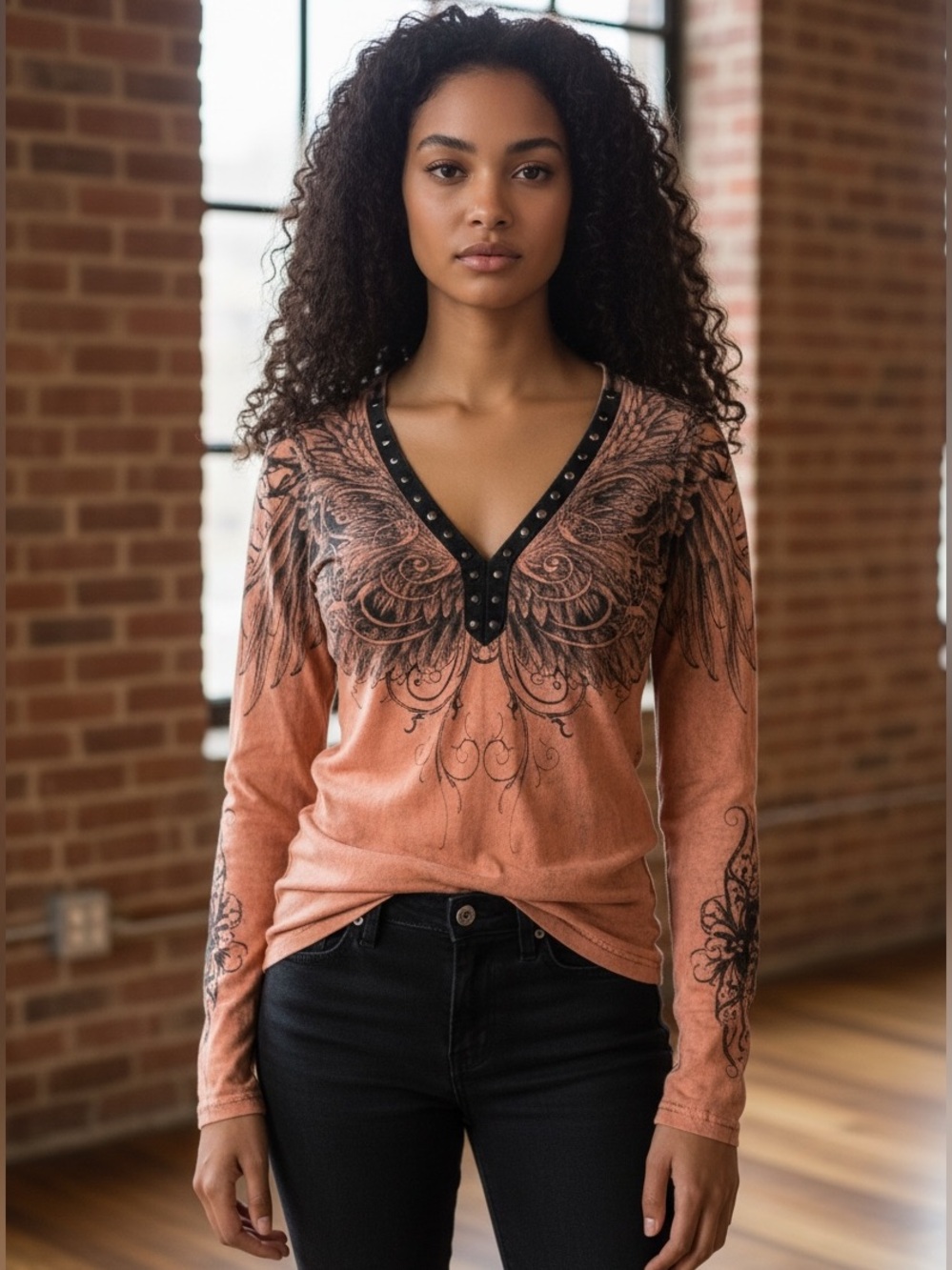 Affliction Women's Long Sleeve Tee with Wing Design